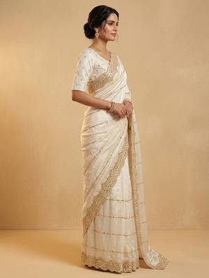 Cream two tone embroidered fendi satin saree  2