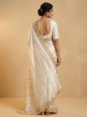 Cream two tone embroidered fendi satin saree  3