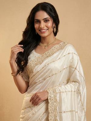 Cream two tone embroidered fendi satin saree  4