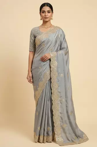 Grey two tone embroidered fendi satin saree 