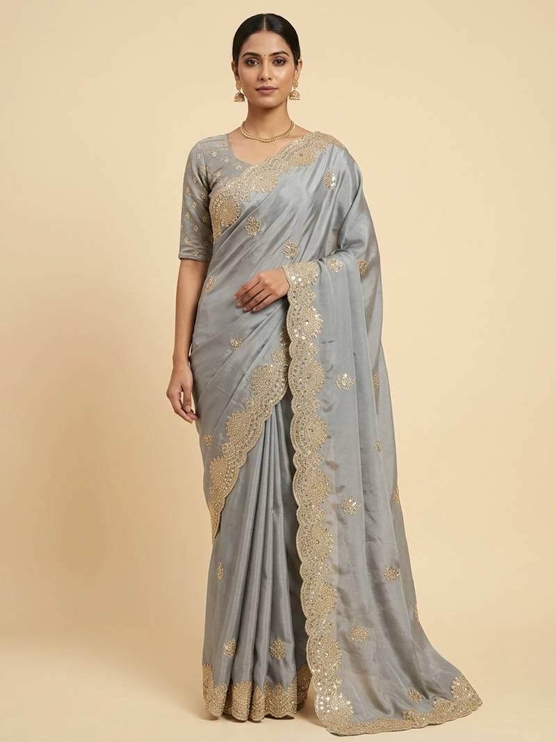 Grey two tone embroidered fendi satin saree 