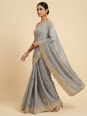 Grey two tone embroidered fendi satin saree  2
