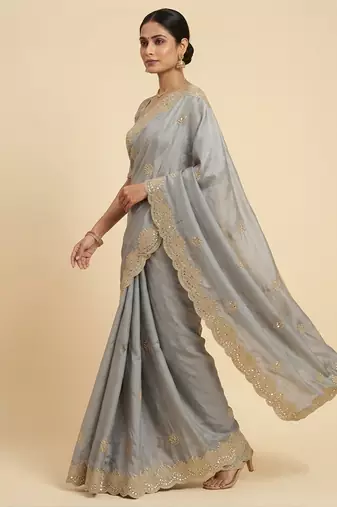 Grey two tone embroidered fendi satin saree 