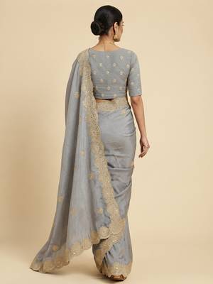 Grey two tone embroidered fendi satin saree  3