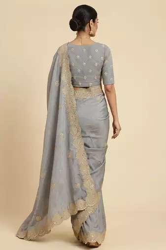Grey two tone embroidered fendi satin saree 