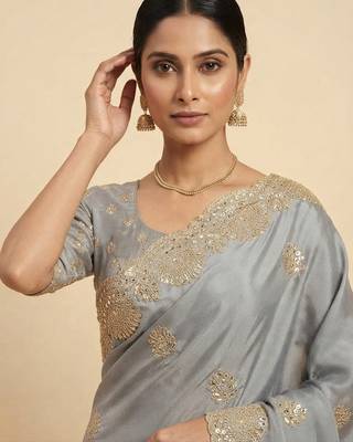 Grey two tone embroidered fendi satin saree  4