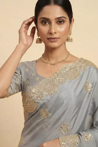 Grey two tone embroidered fendi satin saree 