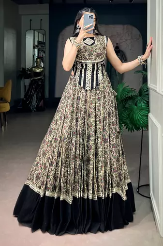 Beautiful Black Floral Printed Cotton Navratri Wear Lehenga Choli