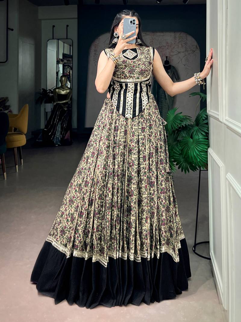 Beautiful Black Floral Printed Cotton Navratri Wear Lehenga Choli