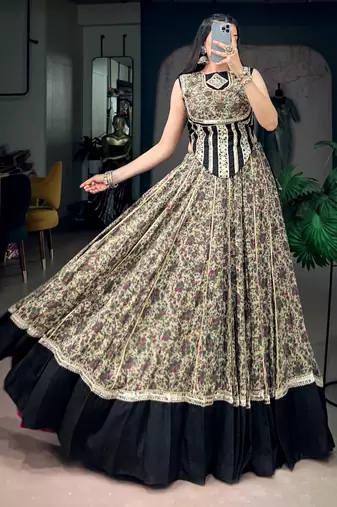 Beautiful Black Floral Printed Cotton Navratri Wear Lehenga Choli