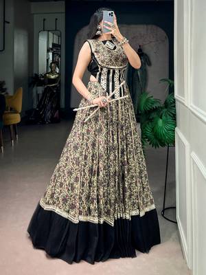 Beautiful Black Floral Printed Cotton Navratri Wear Lehenga Choli 3