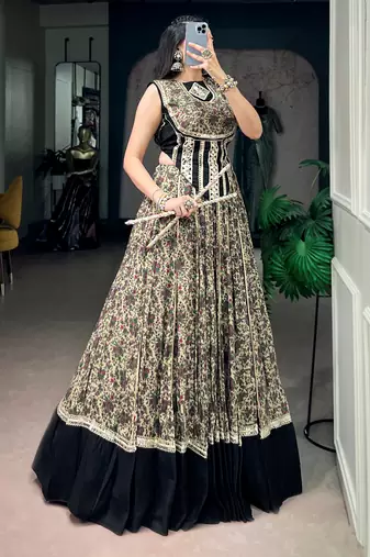 Beautiful Black Floral Printed Cotton Navratri Wear Lehenga Choli