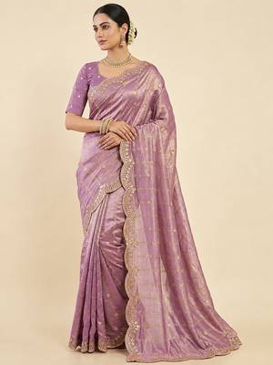 Purple two tone embroidered fendi satin saree  1