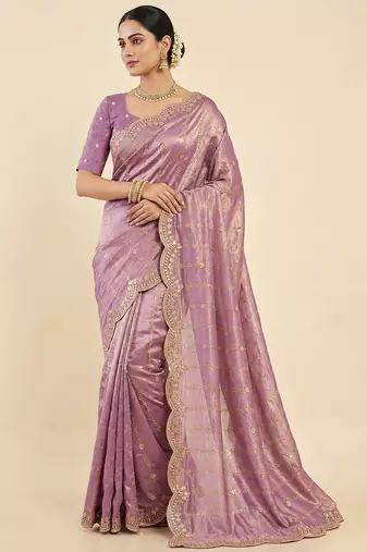 Purple two tone embroidered fendi satin saree 