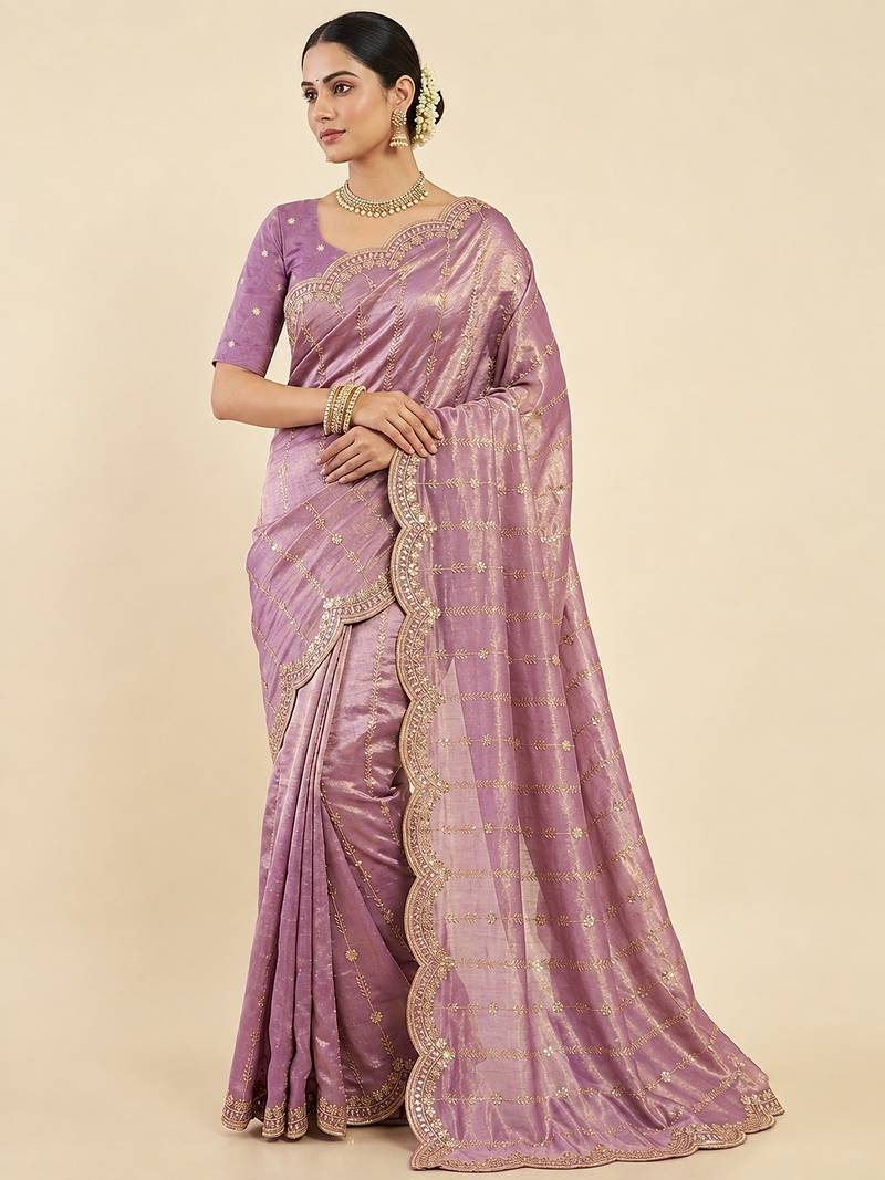 Purple two tone embroidered fendi satin saree 