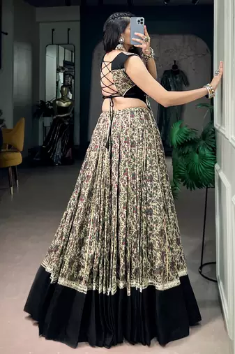 Beautiful Black Floral Printed Cotton Navratri Wear Lehenga Choli