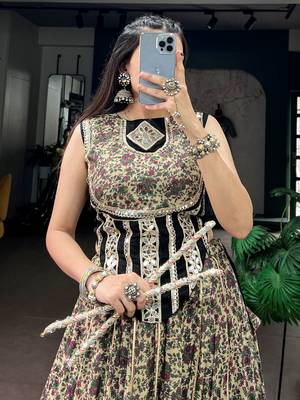 Beautiful Black Floral Printed Cotton Navratri Wear Lehenga Choli 5
