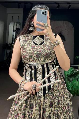Beautiful Black Floral Printed Cotton Navratri Wear Lehenga Choli