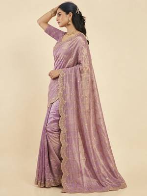 Purple two tone embroidered fendi satin saree  2