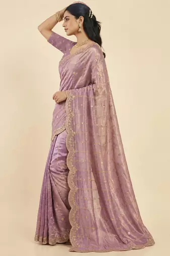 Purple two tone embroidered fendi satin saree 