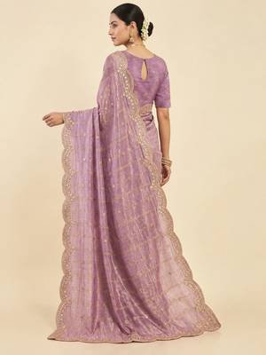 Purple two tone embroidered fendi satin saree  3