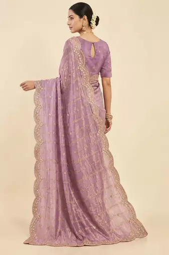 Purple two tone embroidered fendi satin saree 