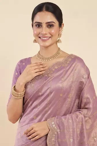 Purple two tone embroidered fendi satin saree 