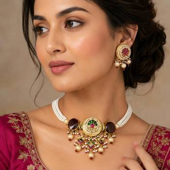 handcrafted kundan pachi choker necklace set with pearl hasli 1