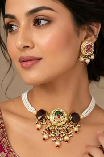 handcrafted kundan pachi choker necklace set with pearl hasli