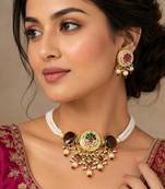 handcrafted kundan pachi choker necklace set with pearl hasli