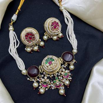 handcrafted kundan pachi choker necklace set with pearl hasli 2