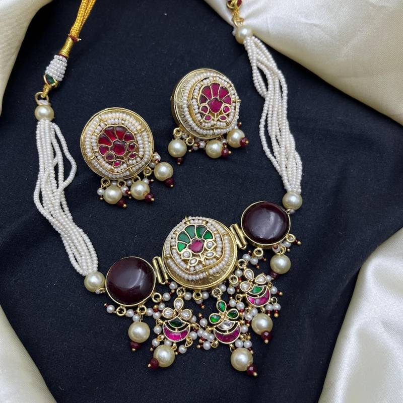 handcrafted kundan pachi choker necklace set with pearl hasli