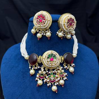 handcrafted kundan pachi choker necklace set with pearl hasli 3