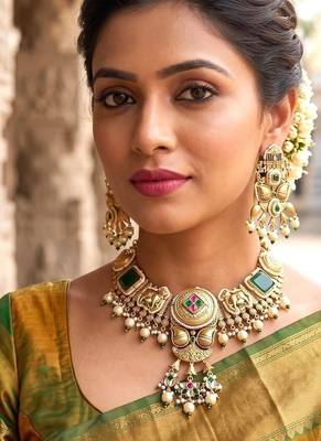 antique gold temple jewelry set with choker necklace and jhumka earrings 1
