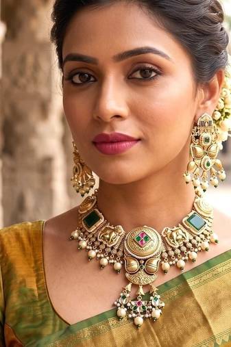 antique gold temple jewelry set with choker necklace and jhumka earrings