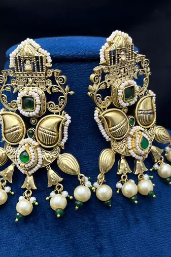 antique gold temple jewelry set with choker necklace and jhumka earrings