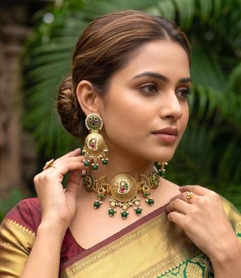 gold plated peacock choker necklace set with jhumka earrings 1