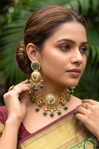 gold plated peacock choker necklace set with jhumka earrings