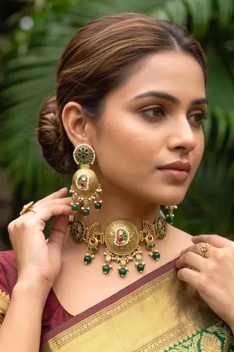 gold plated peacock choker necklace set with jhumka earrings