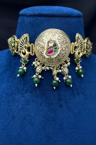 gold plated peacock choker necklace set with jhumka earrings