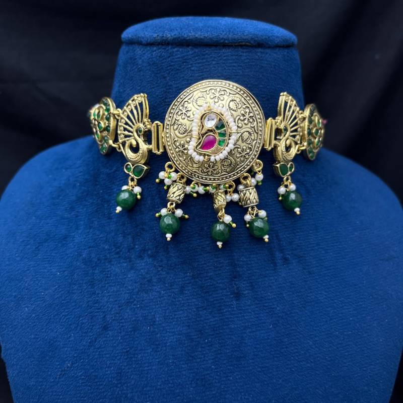 gold plated peacock choker necklace set with jhumka earrings