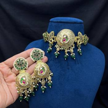 gold plated peacock choker necklace set with jhumka earrings 4