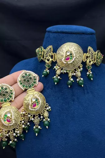 gold plated peacock choker necklace set with jhumka earrings