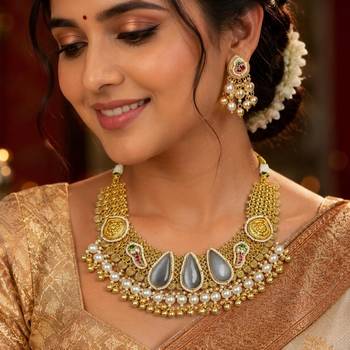 south indian temple choker necklace set with teardrop pearl 1