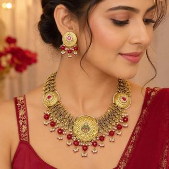 antique gold plated kundan choker necklace set 1