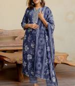 Mirchi Fashion Women's Blue & White Floral Print Pure Cotton Kurti With Pant & Dupatta Set