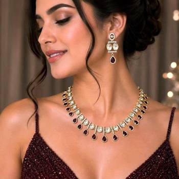 ruby red kundan necklace set with teardrop design 1