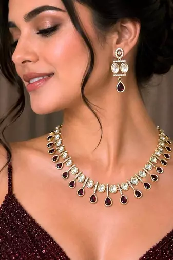 ruby red kundan necklace set with teardrop design