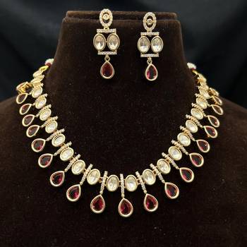 ruby red kundan necklace set with teardrop design 2