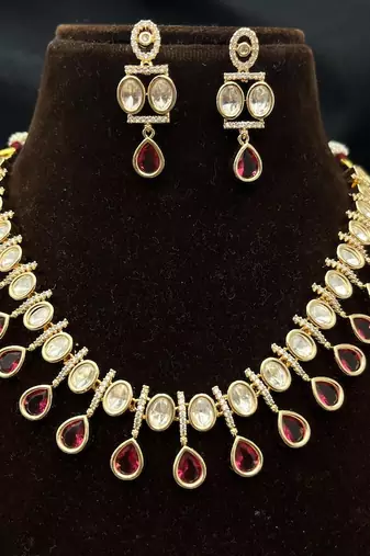 ruby red kundan necklace set with teardrop design